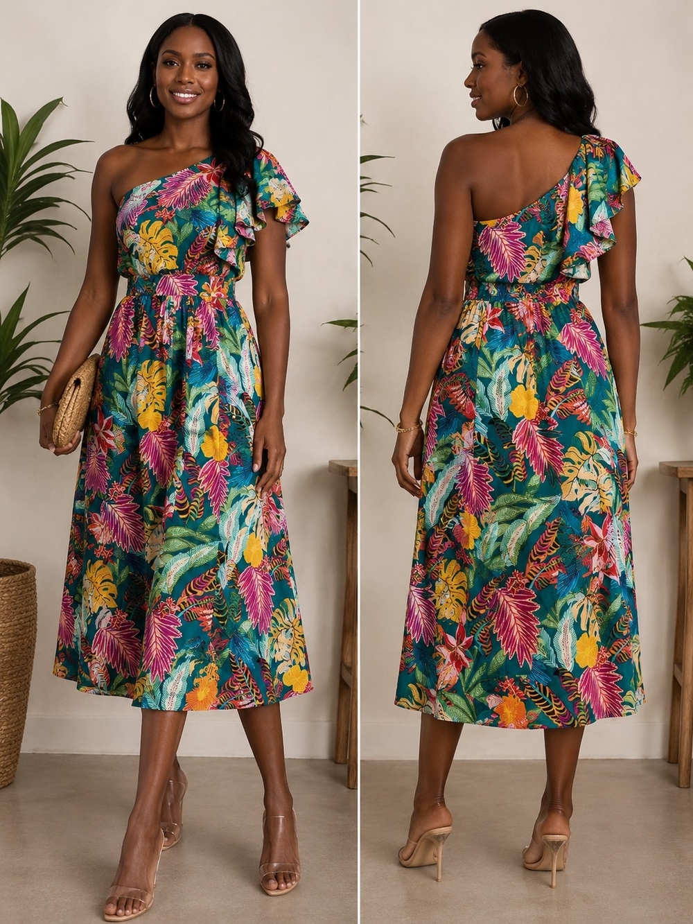 Gibson Latimer Teal One-Shoulder Tropical Midi Dress Size Large